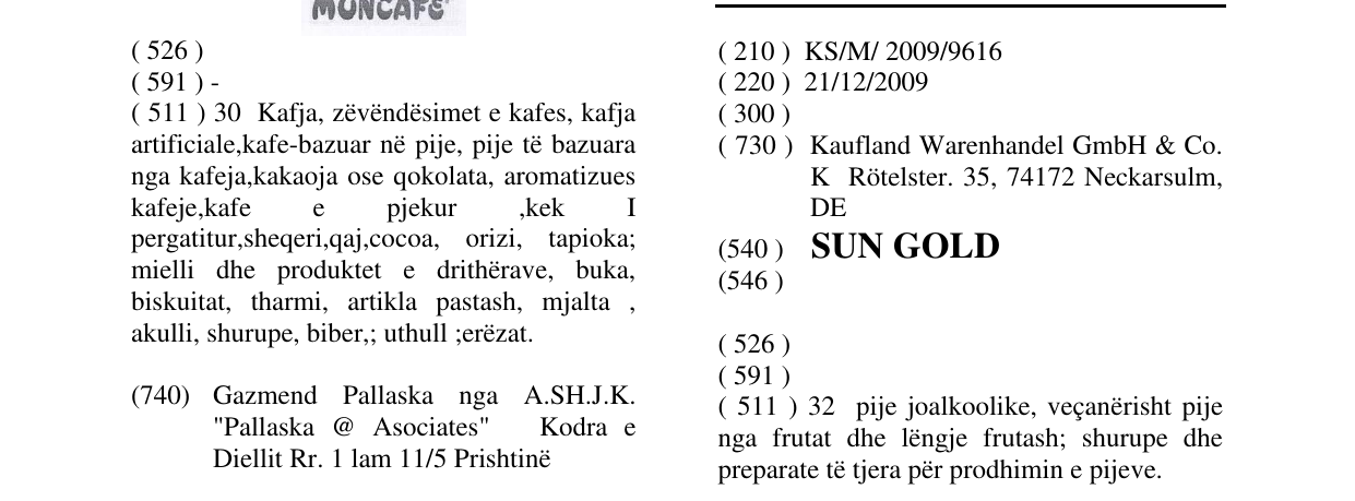 Zëri i markës SUN GOLD në buletin