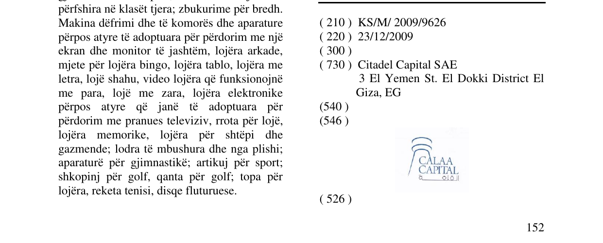 Zëri i markës CALAA CAPITAL në buletin