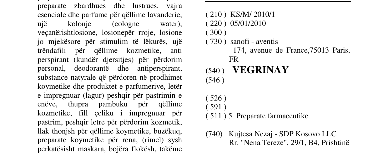 Zëri i markës VEGRINAY në buletin