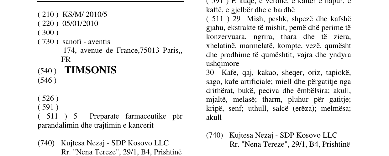 Zëri i markës TIMSONIS në buletin