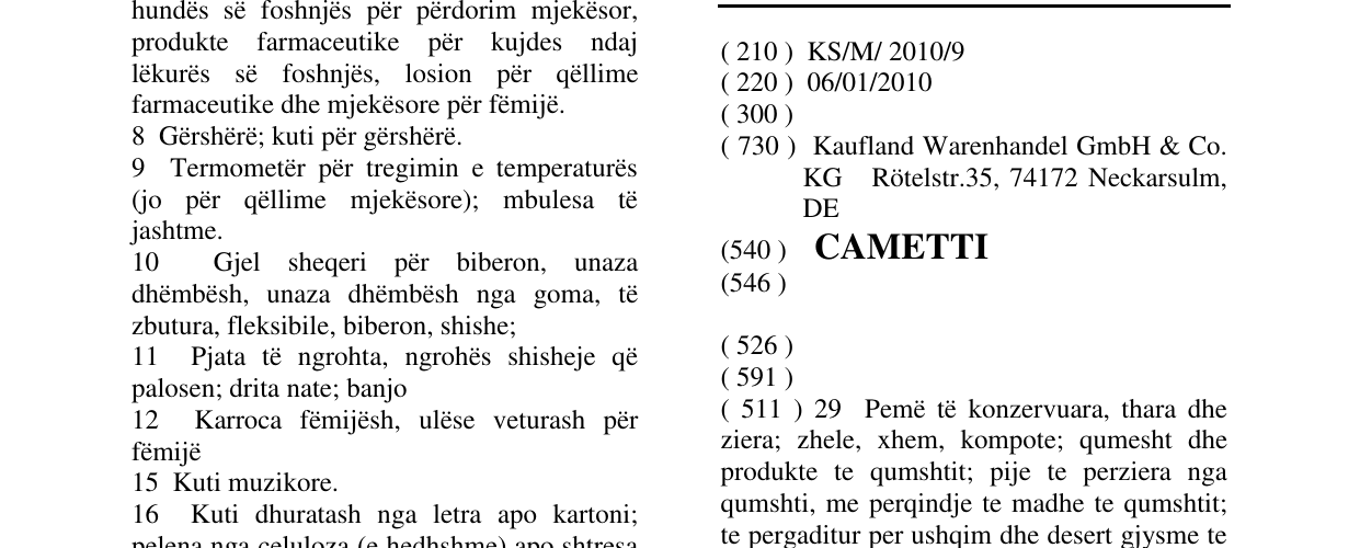Zëri i markës CAMETTI në buletin
