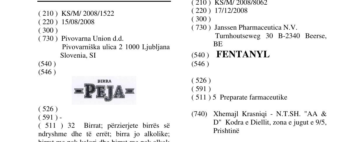 Zëri i markës BIRRA PEJA fig. në buletin