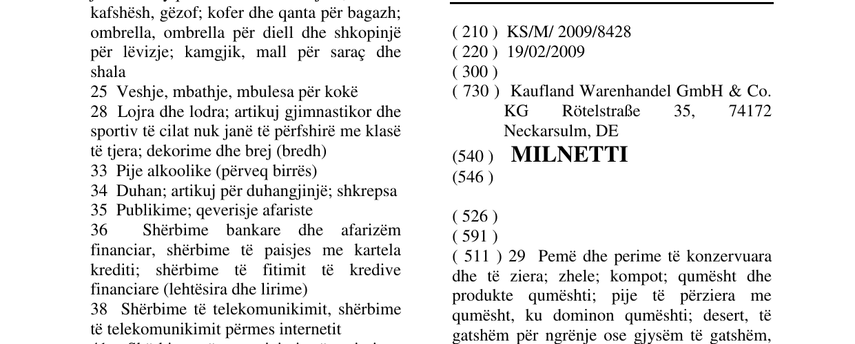 Zëri i markës MILNETTI në buletin