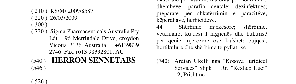 Zëri i markës HERRON SENNETABS në buletin