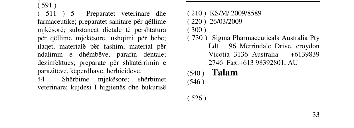 Zëri i markës Talam në buletin