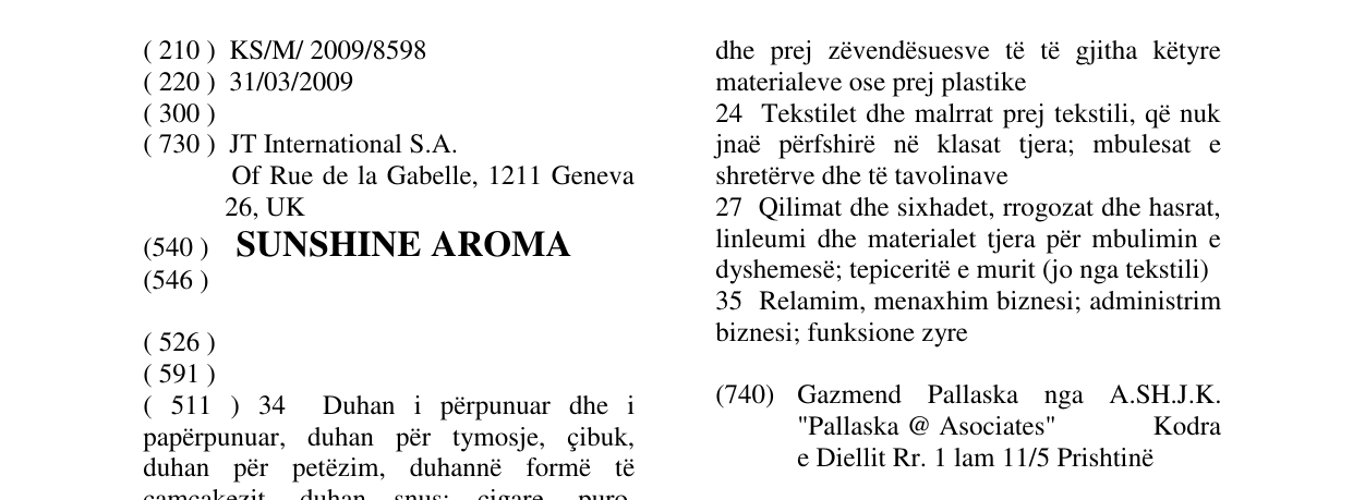 Zëri i markës SUNSHINE AROMA në buletin