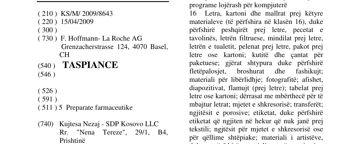 Zëri i markës TASPIANCE në buletin