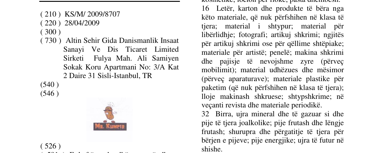 Zëri i markës MR. KUMPIR në buletin