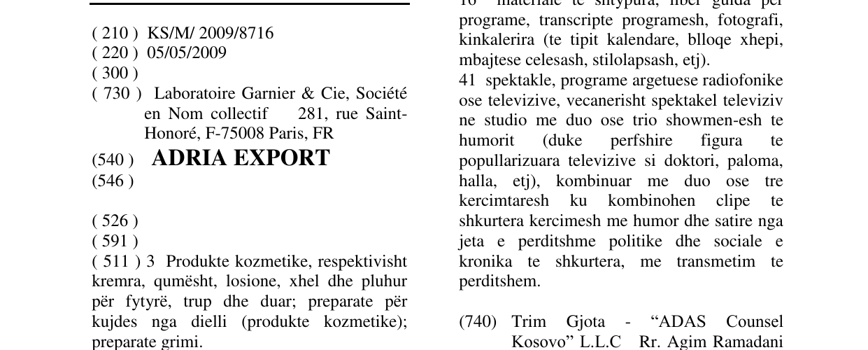 Zëri i markës ADRIA EXPORT në buletin