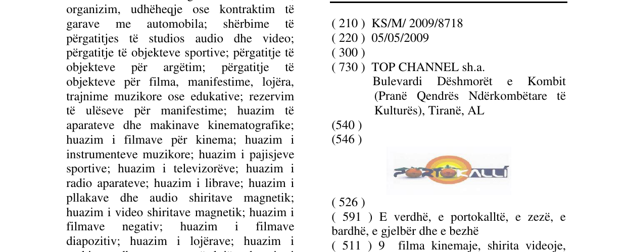 Zëri i markës PORTOKALLI në buletin