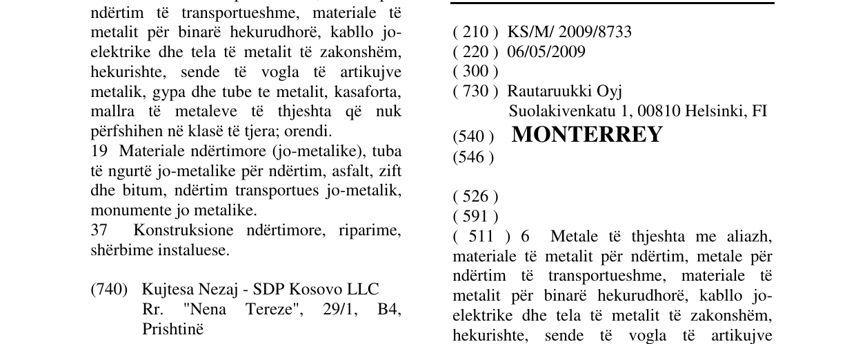 Zëri i markës MONTERREY në buletin