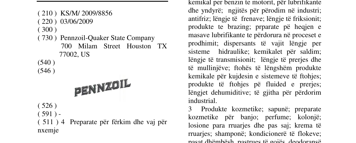 Zëri i markës PENNZOIL në buletin