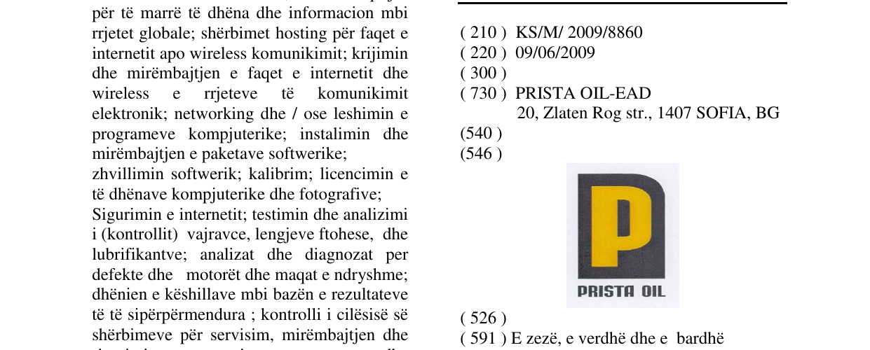Zëri i markës PRISTA OIL në buletin