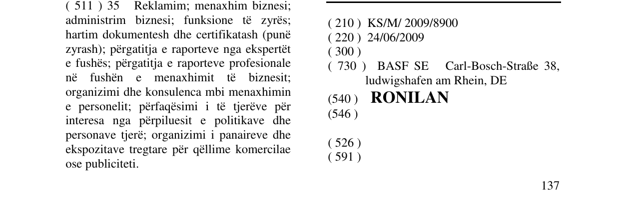 Zëri i markës RONILAN në buletin