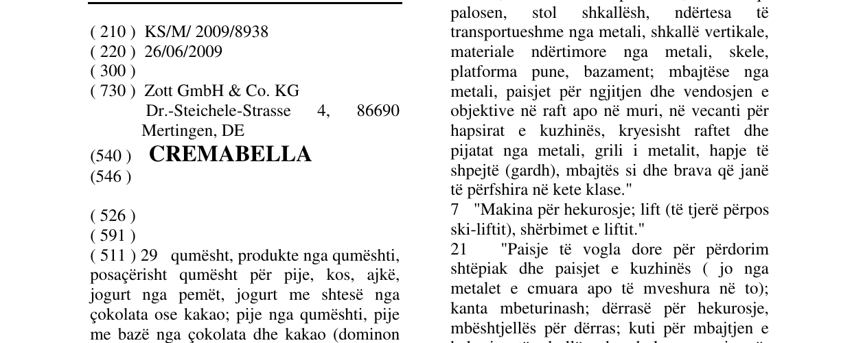 Zëri i markës CREMABELLA në buletin