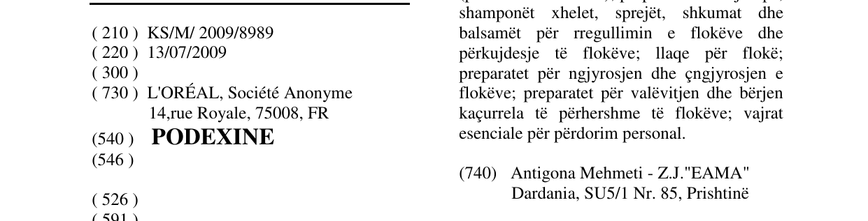 Zëri i markës PODEXINE në buletin
