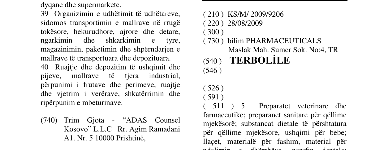 Zëri i markës TERBOLİLE në buletin