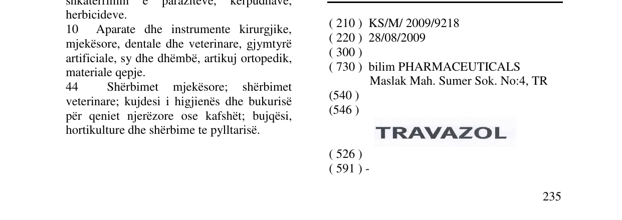 Zëri i markës TRAVAZOL në buletin