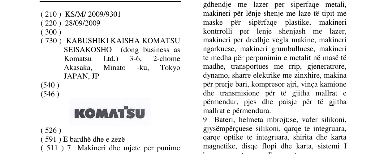 Zëri i markës KOMATSU në buletin