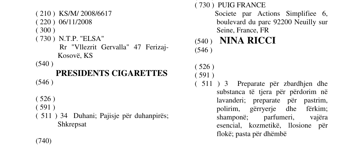 Zëri i markës PRESIDENTS CIGARETTES në buletin