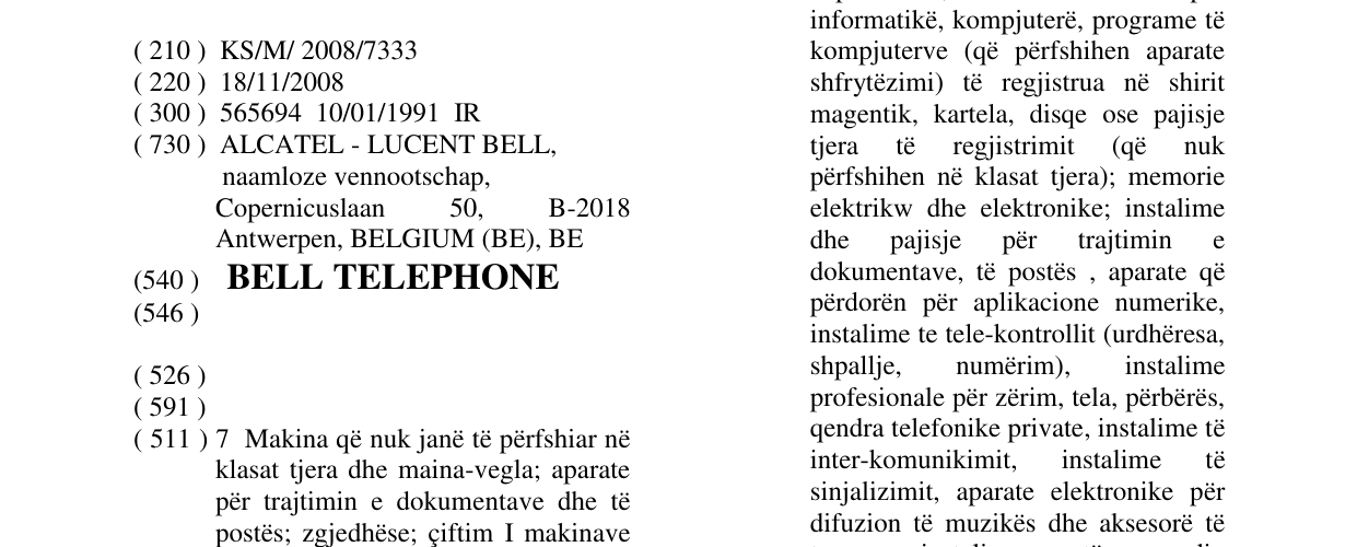 Zëri i markës BELL TELEPHONE në buletin