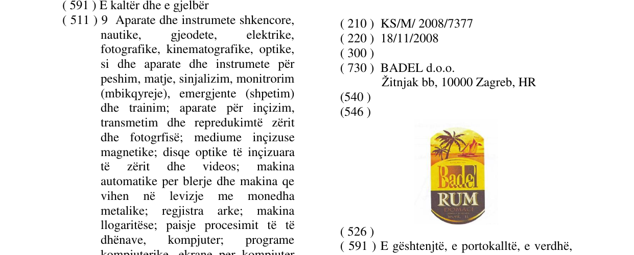 Zëri i markës BADEL RUM DOMACI në buletin