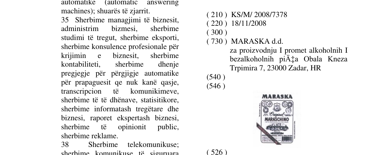 Zëri i markës MARASKA MARASCHINO në buletin