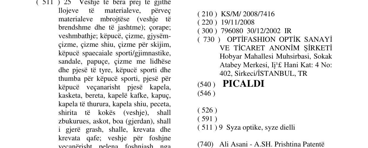Zëri i markës PICALDI në buletin