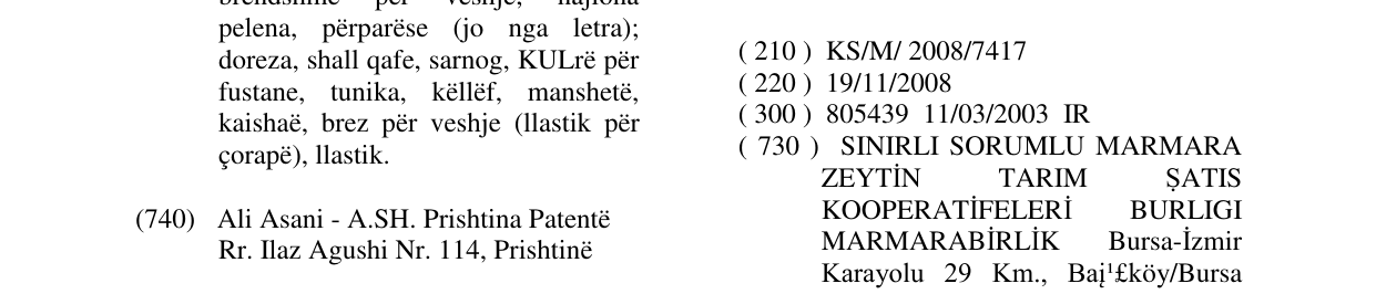 Zëri i markës MARMARABIRLIK në buletin
