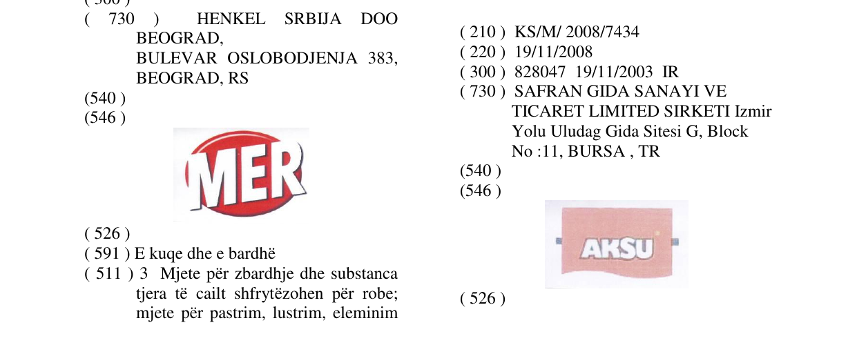 The entry of the trademark AKSU in the bulletin