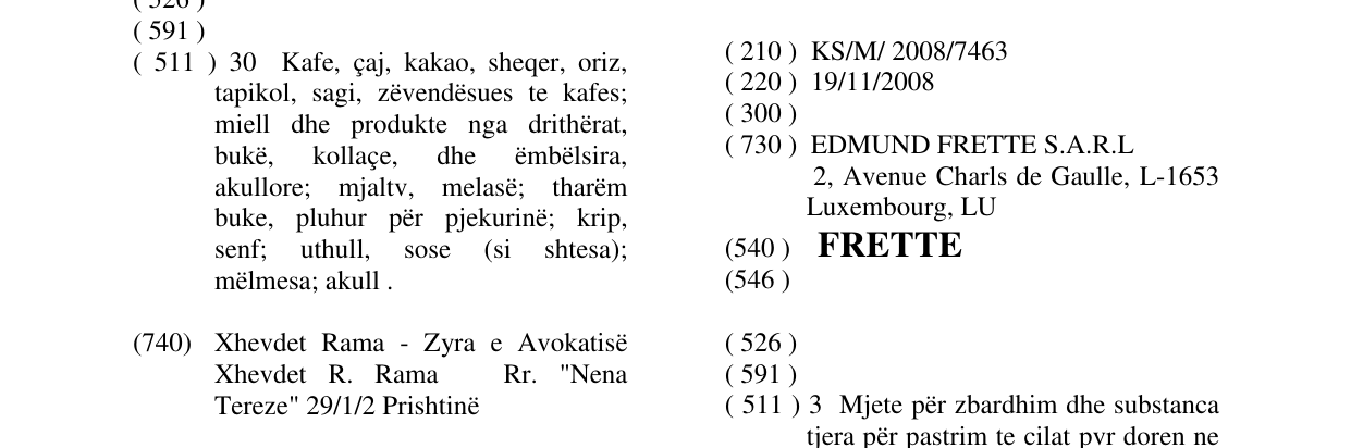 Zëri i markës FRETTE në buletin