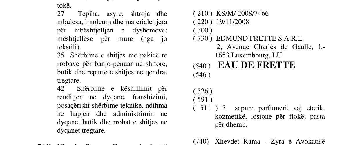 Zëri i markës EAU DE FRETTE në buletin