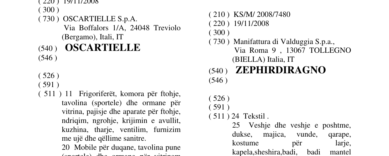 Zëri i markës ZEPHIRDIRAGNO në buletin