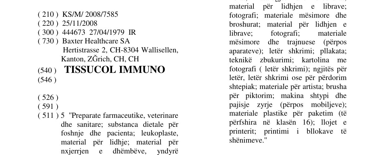 Zëri i markës TISSUCOL IMMUNO në buletin