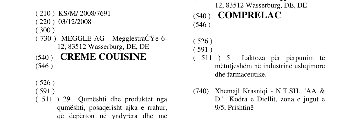 Zëri i markës CREME COUISINE në buletin