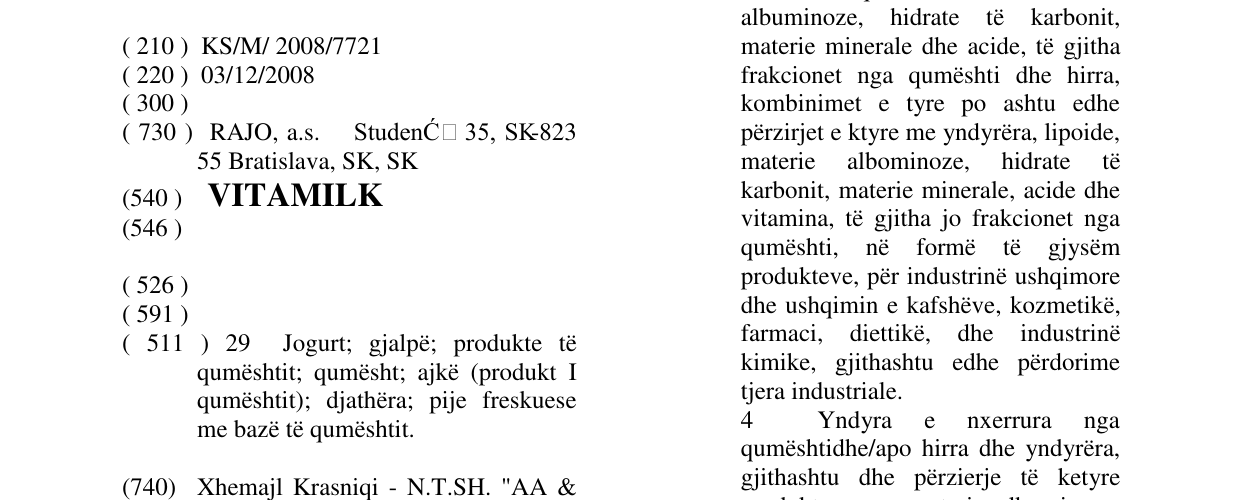 Zëri i markës VITAMILK në buletin