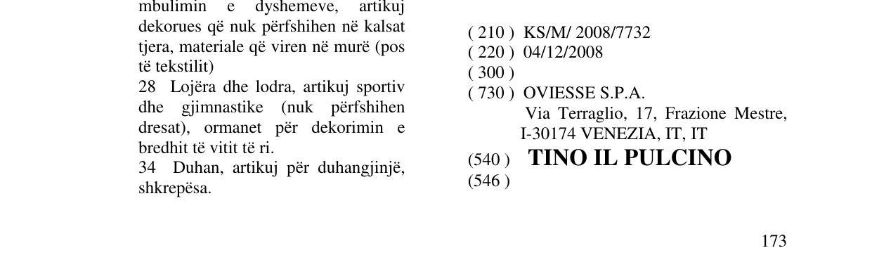 Zëri i markës TINO IL PULCINO në buletin