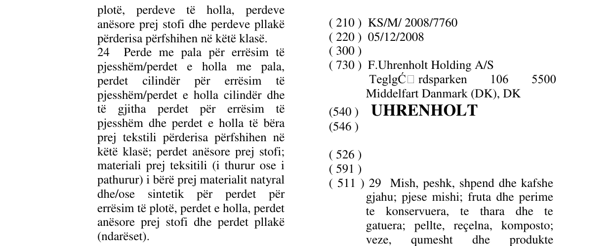 Zëri i markës UHRENHOLT në buletin