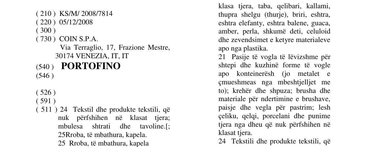 Zëri i markës PORTOFINO në buletin