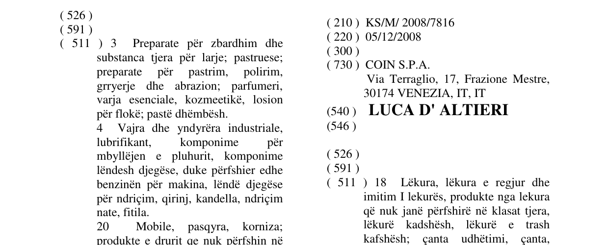 Zëri i markës LUCA D' ALTIERI në buletin