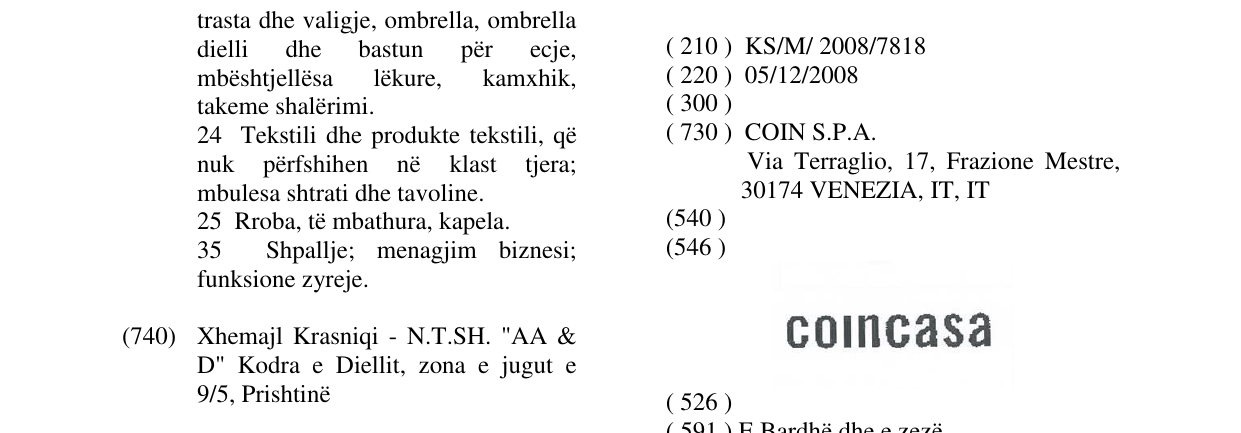 Zëri i markës COINCASA në buletin