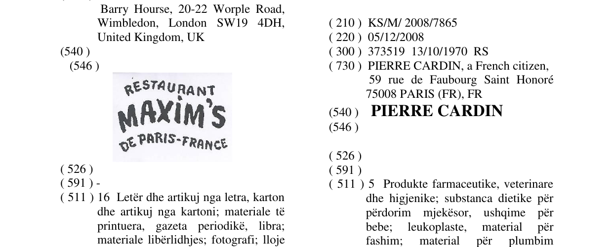 Zëri i markës PIERRE CARDIN në buletin