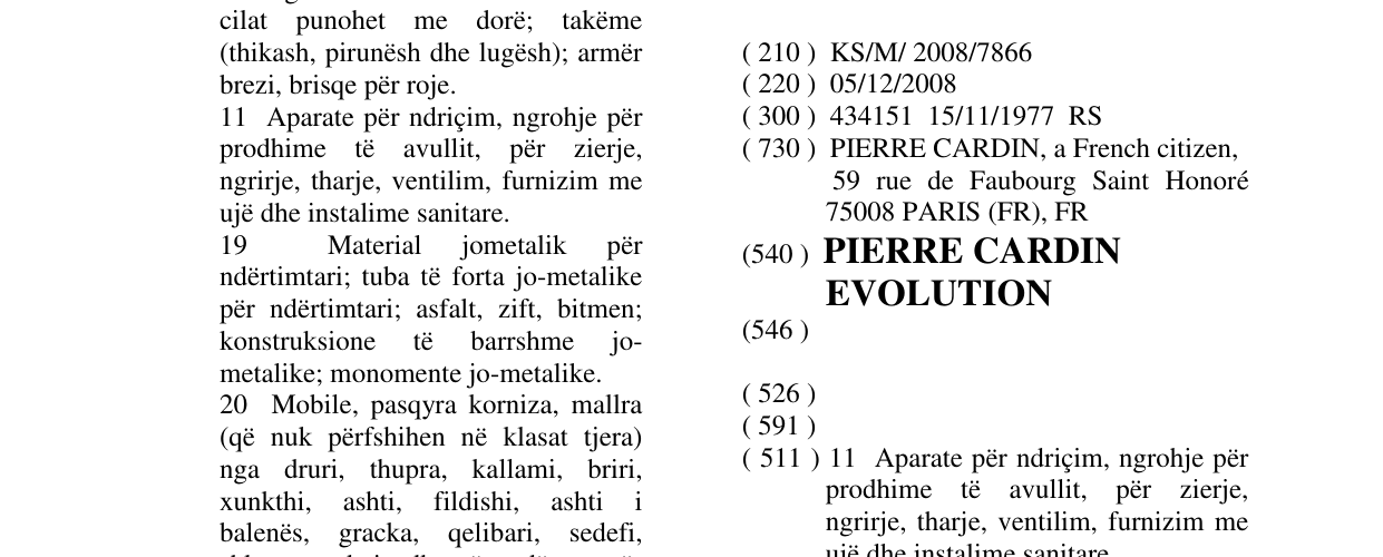 Zëri i markës PIERRE CARDIN EVOLUTION në buletin