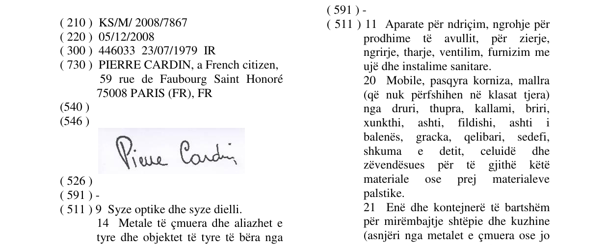 Zëri i markës Pierre Cardin në buletin