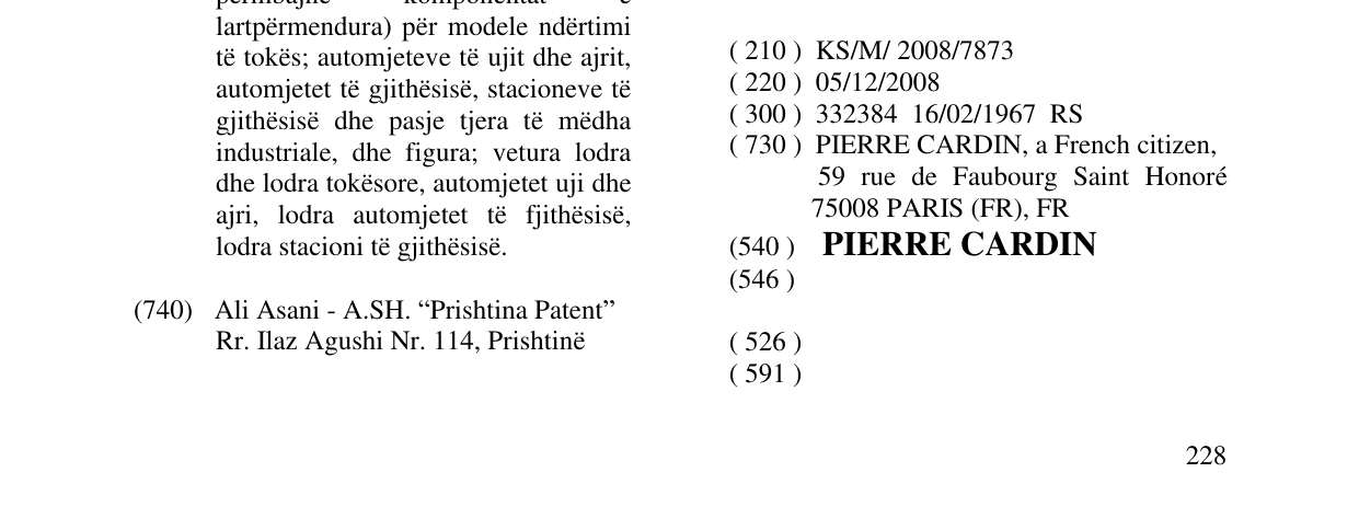 Zëri i markës PIERRE CARDIN në buletin