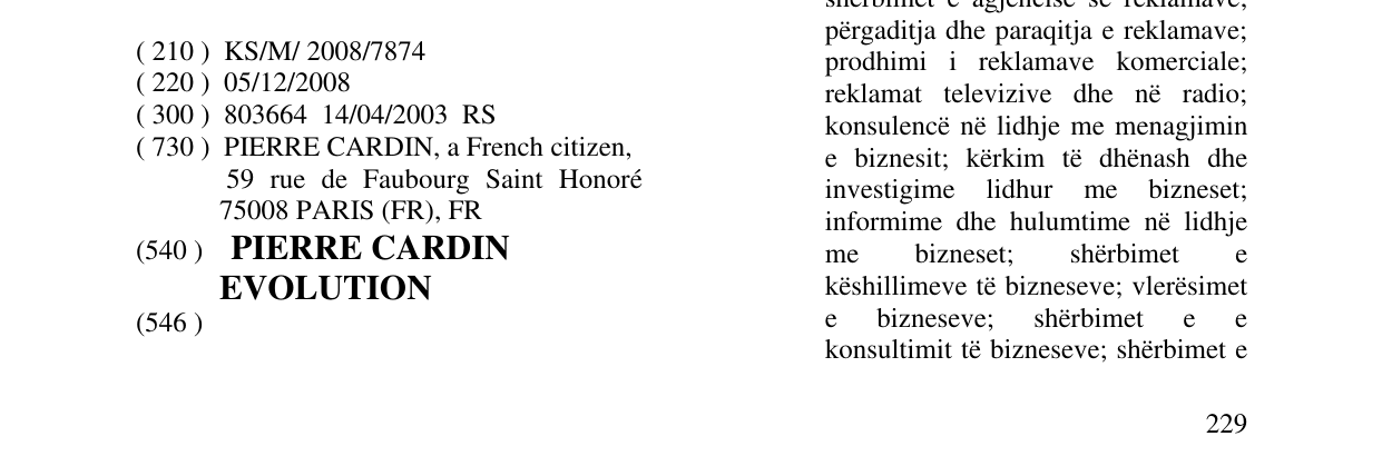 Zëri i markës PIERRE CARDIN EVOLUTION në buletin