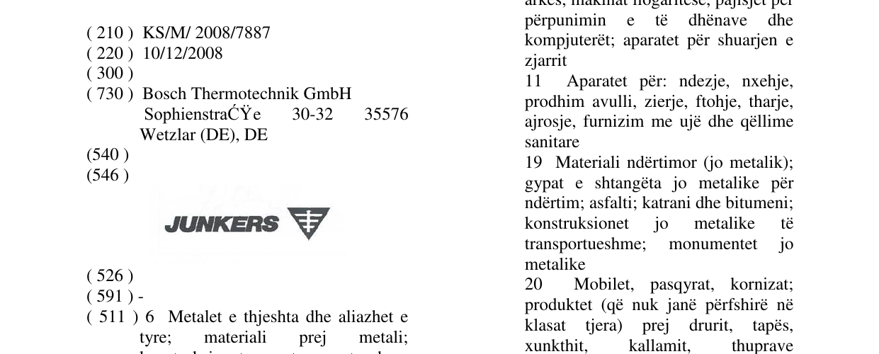 Zëri i markës JUNKERS në buletin