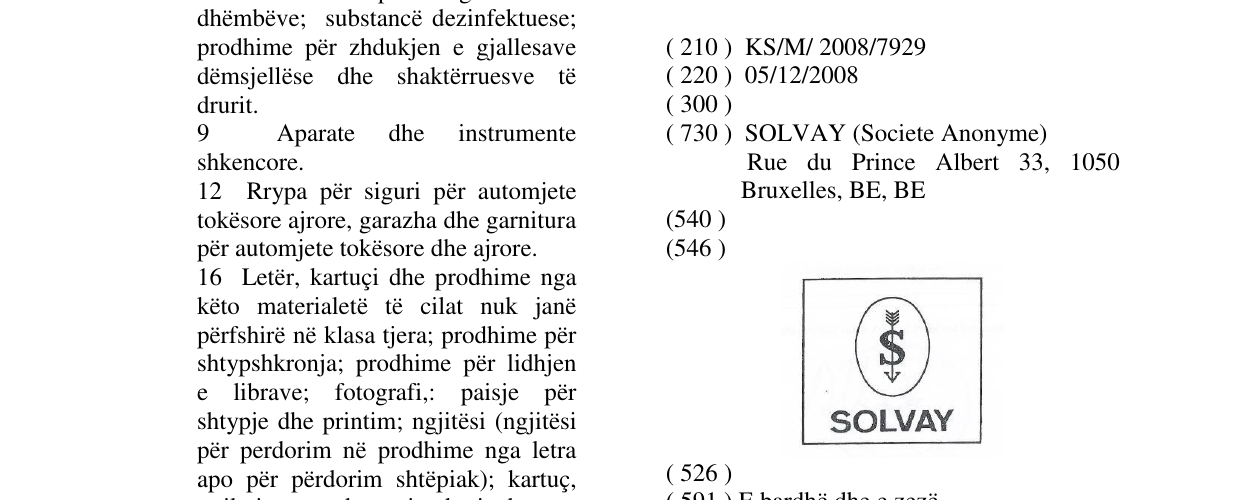Zëri i markës SOLVAY në buletin