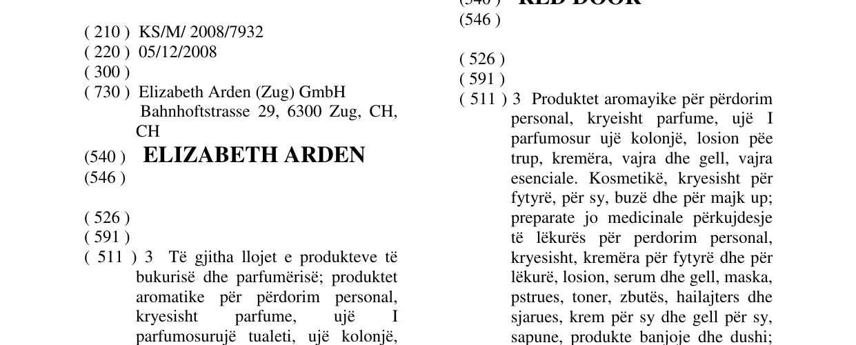 Zëri i markës ELIZABETH ARDEN në buletin