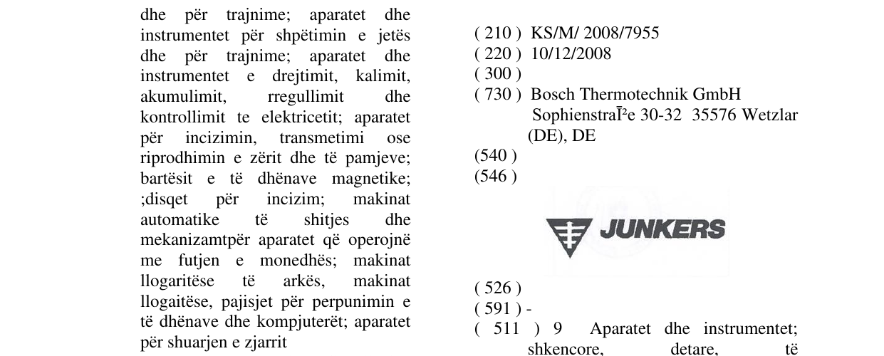 Zëri i markës JUNKERS në buletin